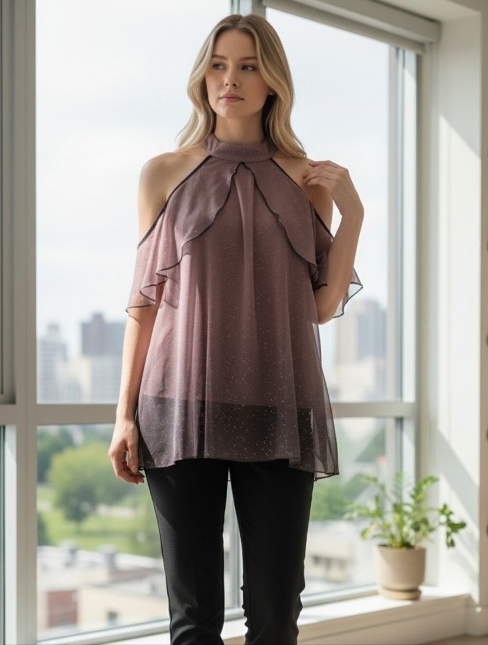 VENUS Mauve Cold-Shoulder Sparkle Blouse - Picture 1 of 11